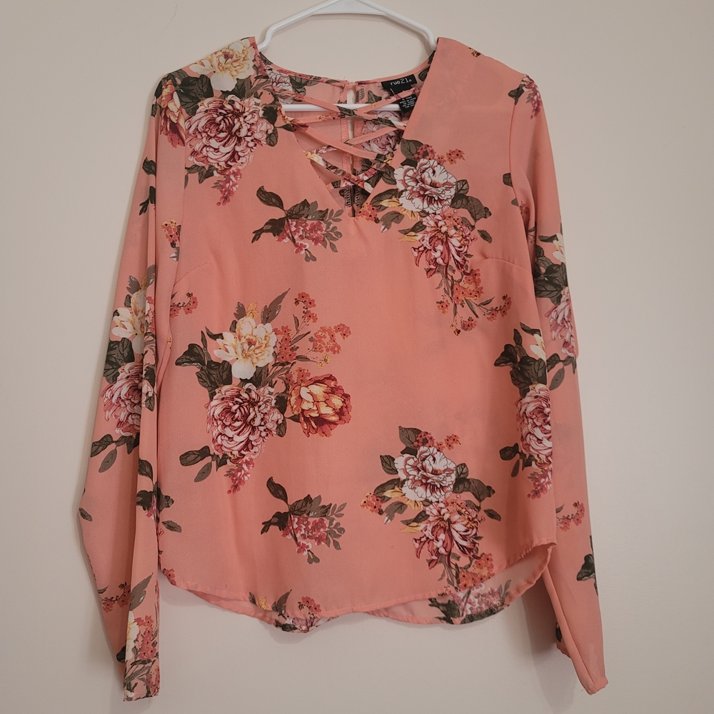 Rue21 Peach Floral Blouse with Crisscross Neckline